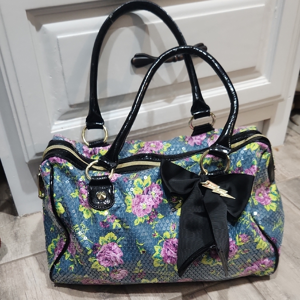 Betsey Johnson Blue and Black Floral Shoulder Bag